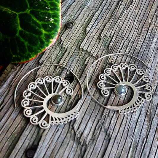 Silver threader earrings with your choice of semi precious stones. Open hoop spiral flower design. Sophisticated Bohemian style. Light wt. - Vintage India Ca