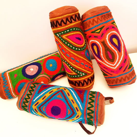 Leather zip pouch with wrist strap. Pencil case, clutch, makeup bag, travel tool kit. Hand embroidered in colorful boho tribal designs. Ooak - Vintage India Ca