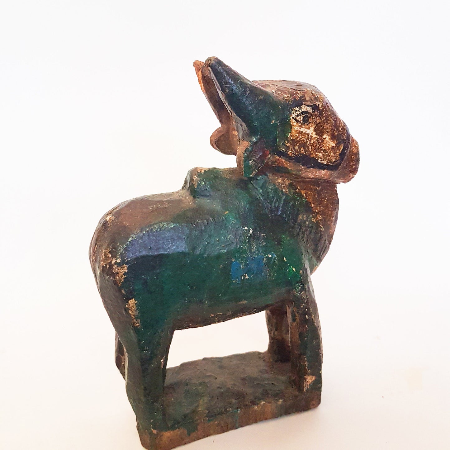 Nandi cow statue.Vintage nandi bull scuplture. Carved wood temple toy. Original paint with fine antique patina. One of a kind 9.5 inches. - Vintage India Ca