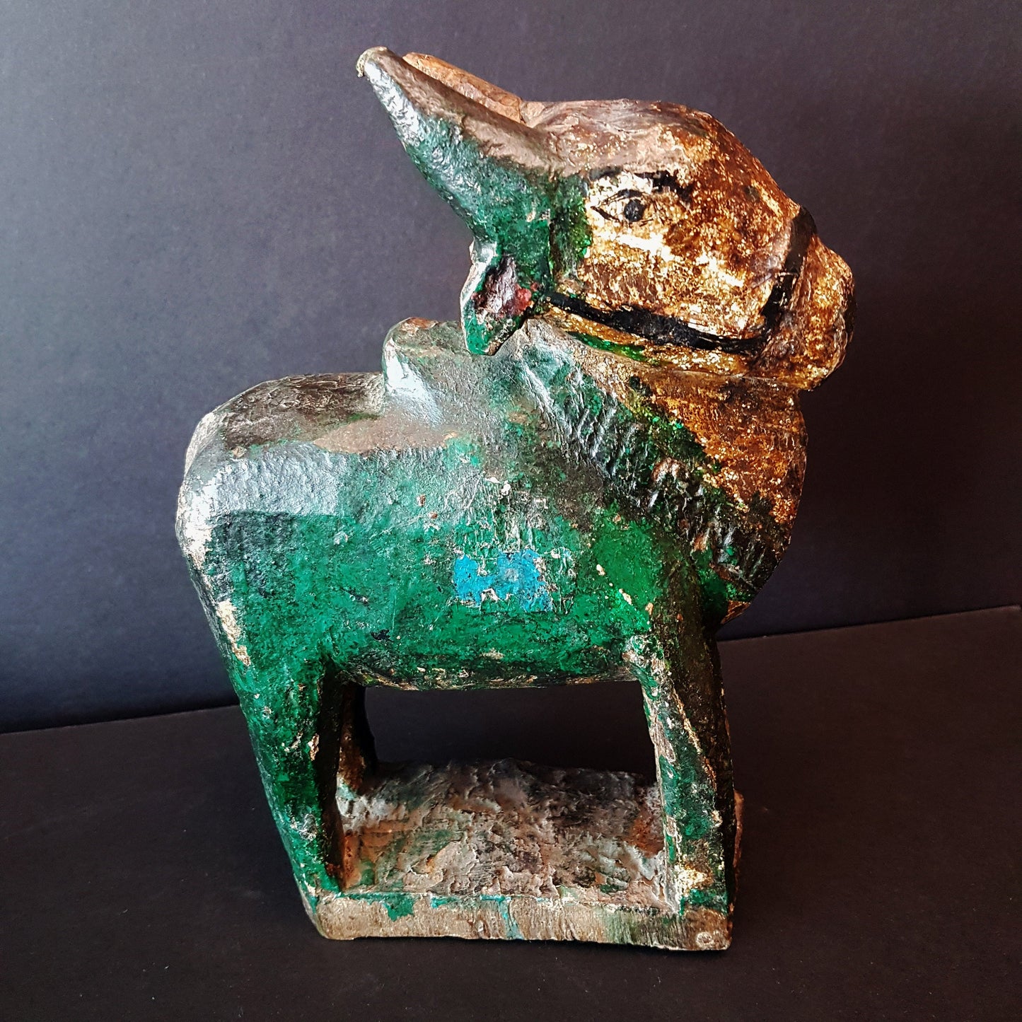 Nandi cow statue.Vintage nandi bull scuplture. Carved wood temple toy. Original paint with fine antique patina. One of a kind 9.5 inches. - Vintage India Ca