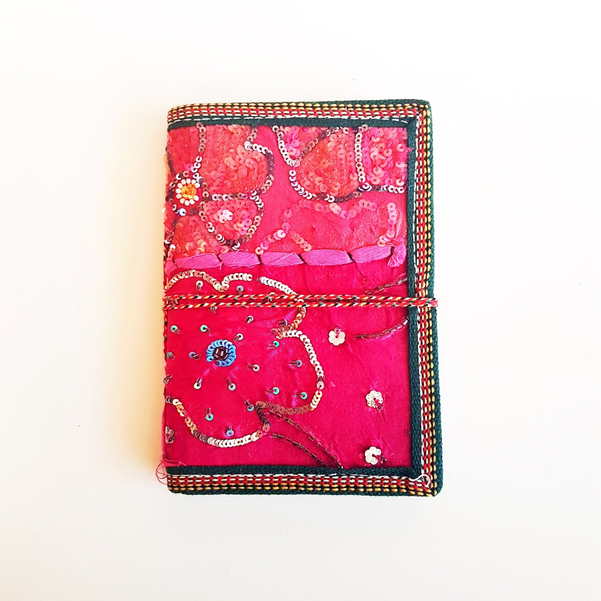 Vintage textile art journal  5 x 7 inch blank book. One of kind handmade notebook diary with a unique beaded jewelled fabric collage cover. - Vintage India Ca