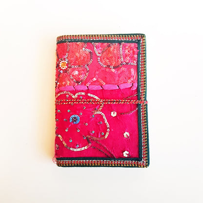 Vintage textile art journal  5 x 7 inch blank book. One of kind handmade notebook diary with a unique beaded jewelled fabric collage cover. - Vintage India Ca