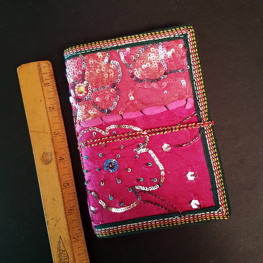 Vintage textile art journal 5 x 7 inch blank book. One of kind handmade notebook diary with a unique beaded jewelled fabric collage cover. - Vintage India Ca