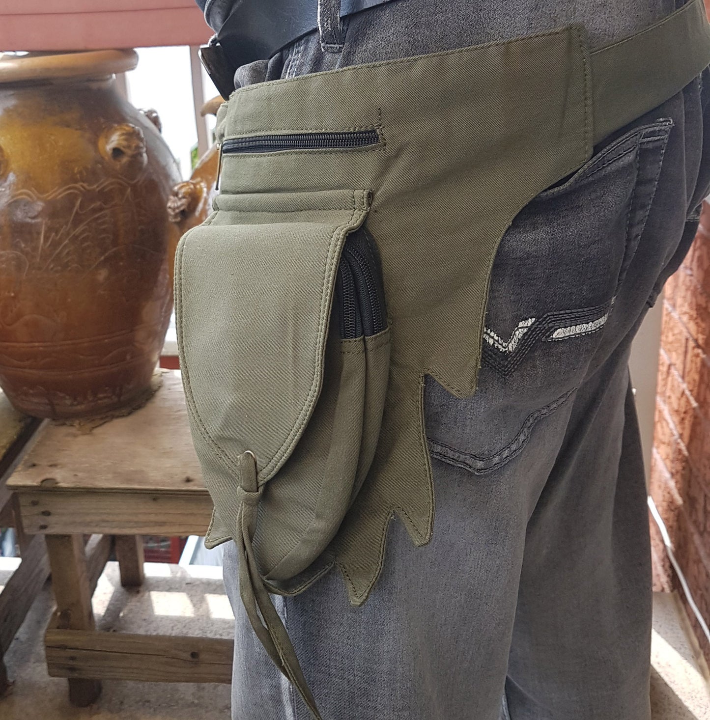 Utility pocket bum bag. Gender neutral festival design. Adjusts to 48 inches. 4 zip pocket money belt for travel, shopping, concerts, raves. - Vintage India Ca
