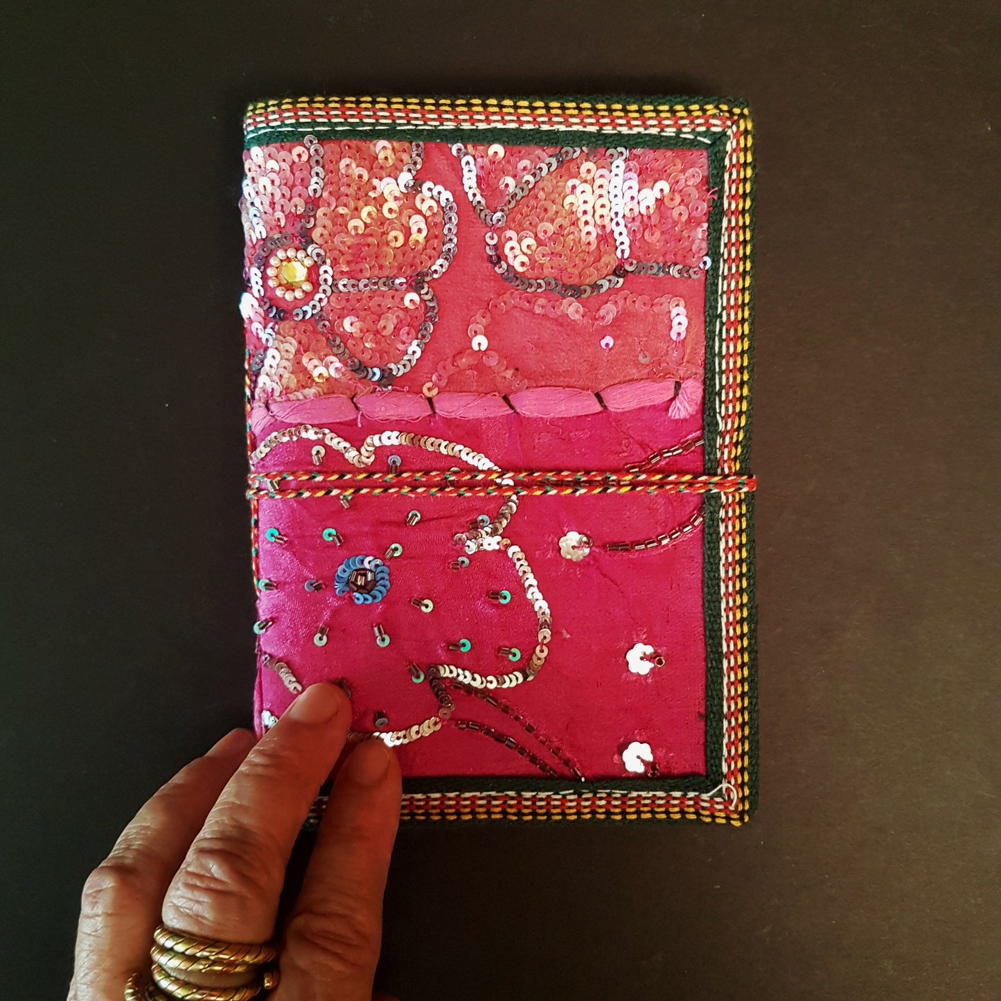 Vintage textile art journal  5 x 7 inch blank book. One of kind handmade notebook diary with a unique beaded jewelled fabric collage cover. - Vintage India Ca