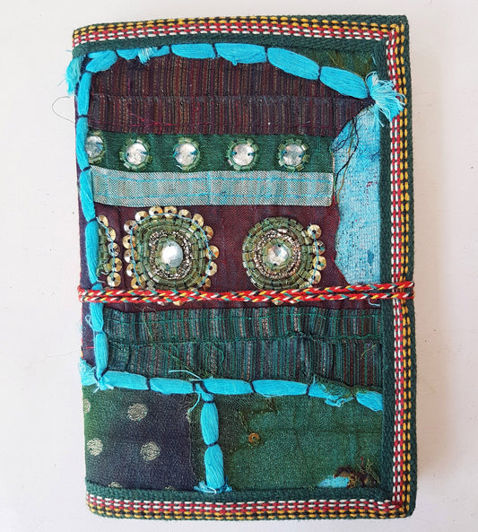 Vintage textile art journal 5 x 7 inch blank book. One of kind handmade notebook diary with a unique beaded jewelled fabric collage cover. - Vintage India Ca