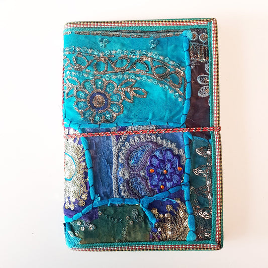Vintage textile art journal 7 x 10 inch blank book. One of kind handmade notebook diary with a unique beaded jewelled fabric collage cover. - Vintage India Ca