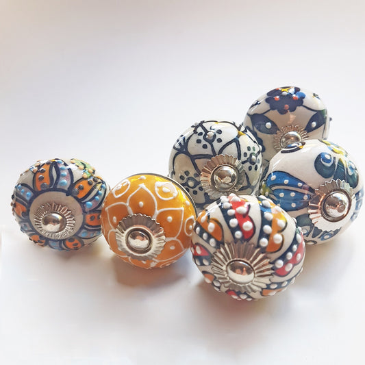 Florentine set of 6 Embossed hand painted knobs in exclusive designs. Standard 1.5 inch size. - Vintage India Ca