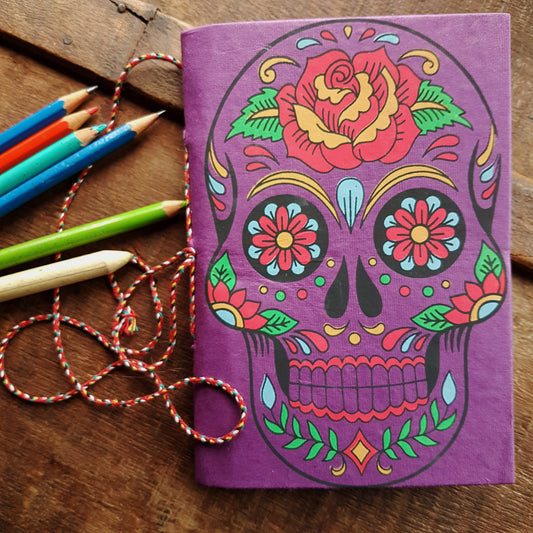 Purple skull sketchbook journal 5 by 7 inches with blank artisan paper pages. Colorful gothic day of the dead sugarskull design in purple. - Vintage India Ca