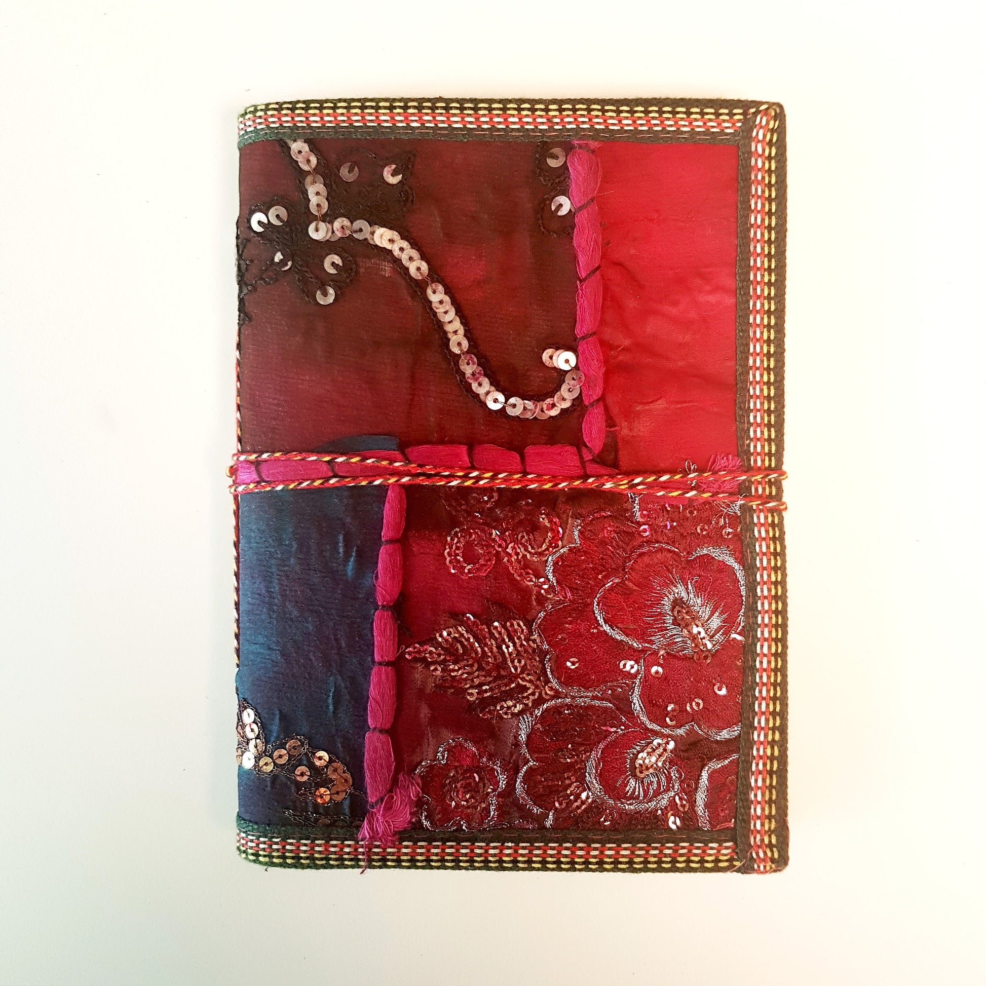 Vintage textile art journal  6 x 8 inch blank book. One of kind handmade notebook diary with a unique beaded jewelled fabric collage cover. - Vintage India Ca