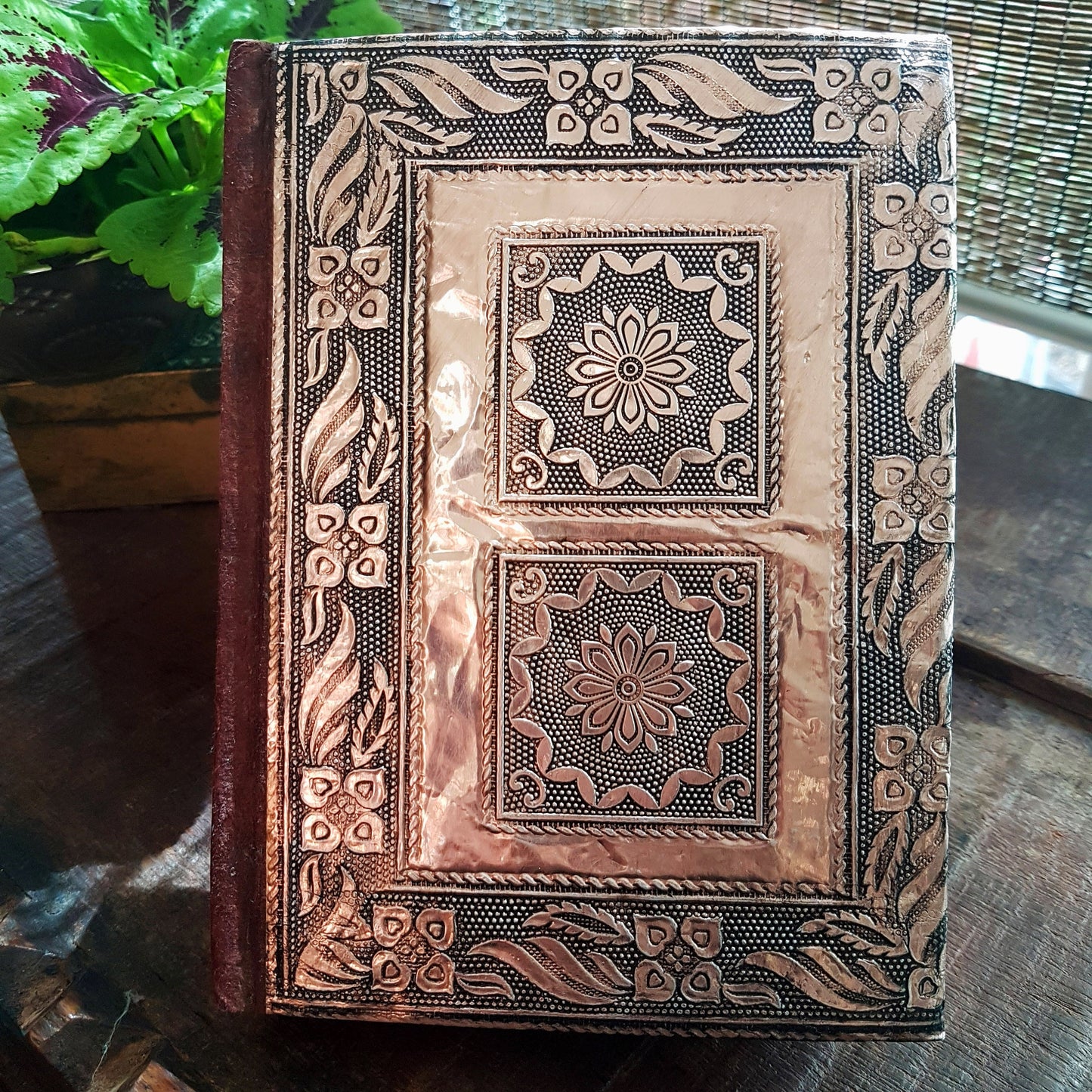 Journal notebook with medieval hardcover design 5x7 inch. Antique copper embossed cover. Use as sketchbook, bullet journal, personal diary. - Vintage India Ca