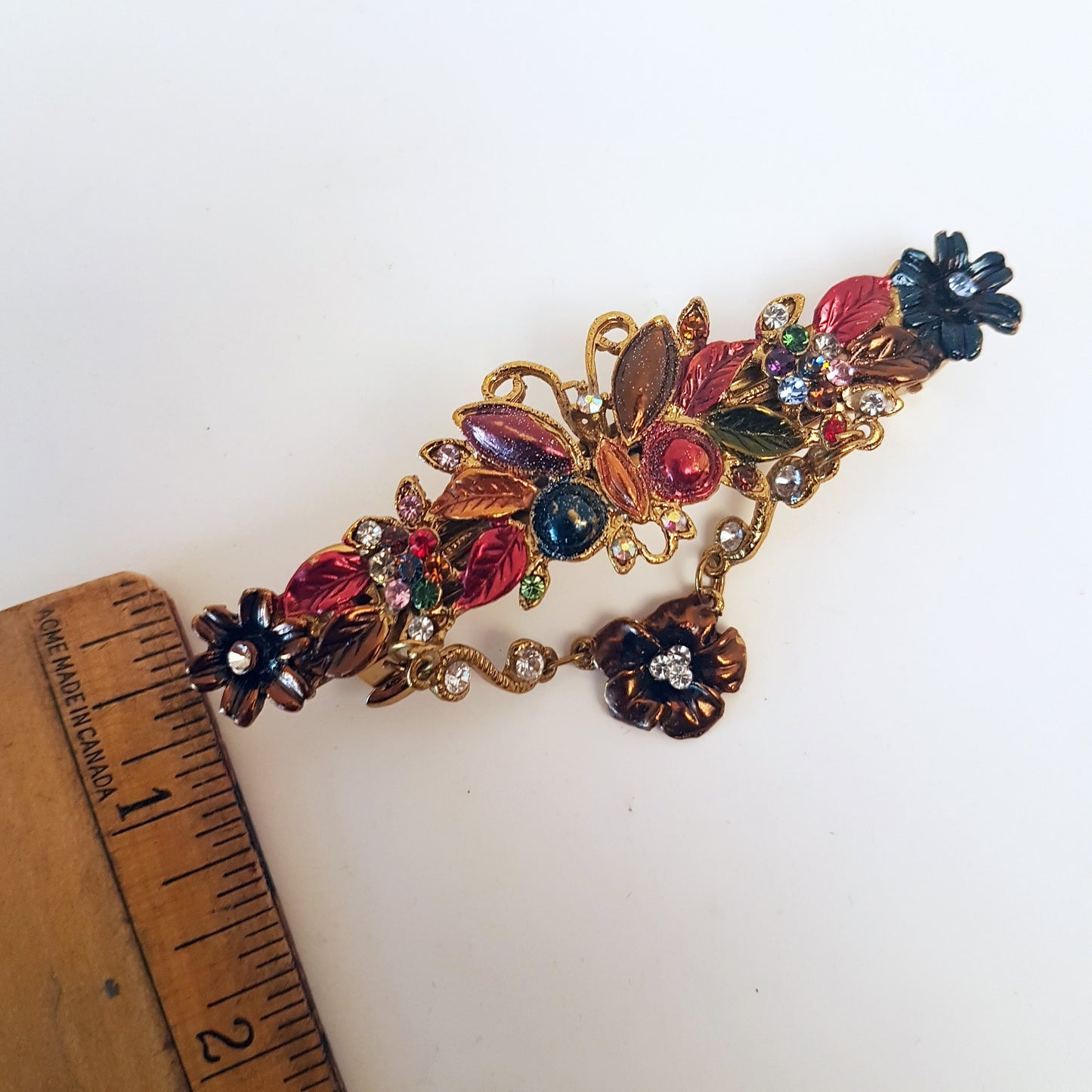 Vintage rhinestone barette hairclip. Bohemian butterfly hair jewelry.  Victorian flower design hair accessory in gold, rose & blue tones.