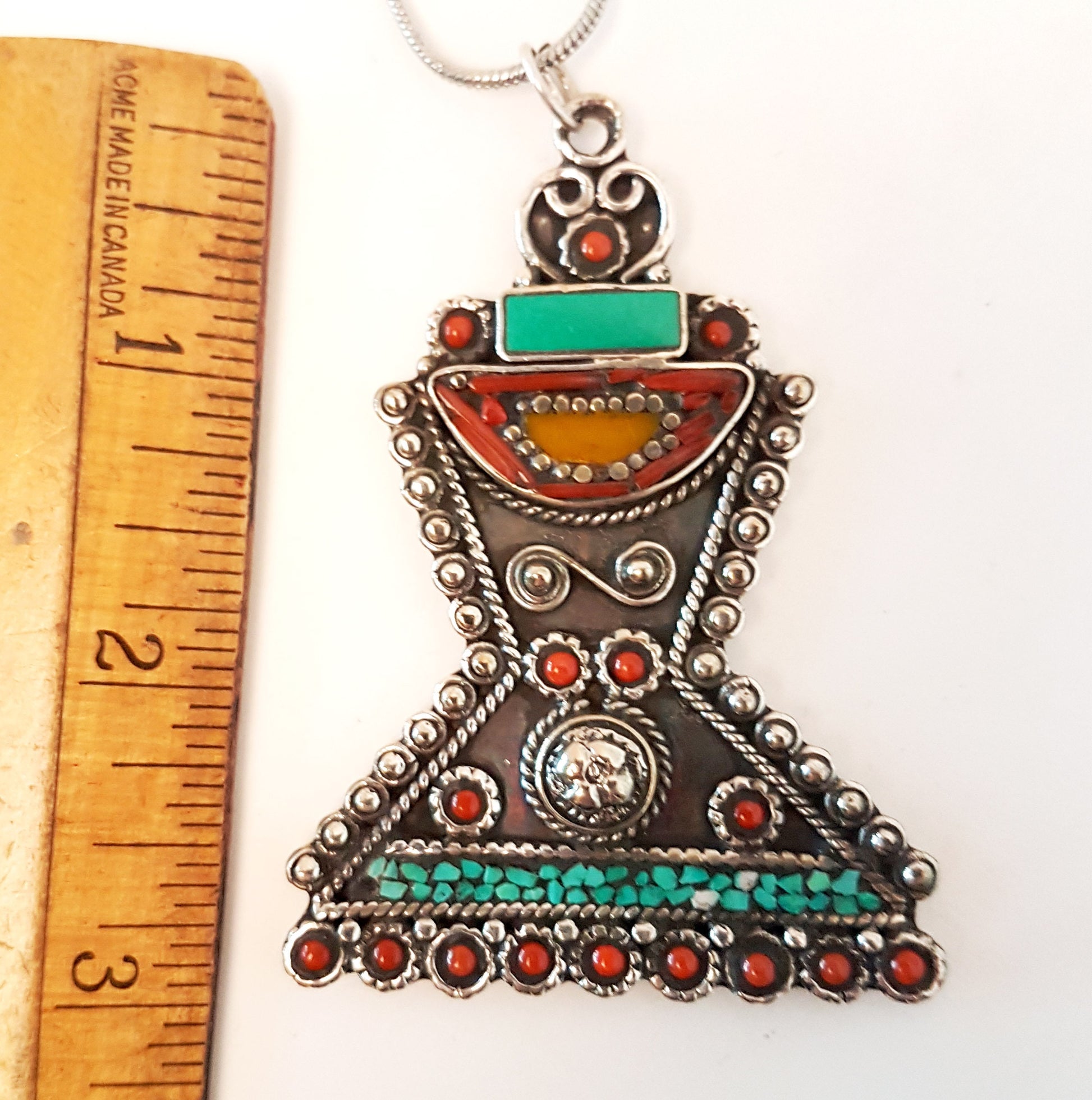 Tibetan silver pendant with turquoise & coral stones. One of a kind reversible design on a 24 inch silver chain. Traditional chorten shape. - Vintage India Ca