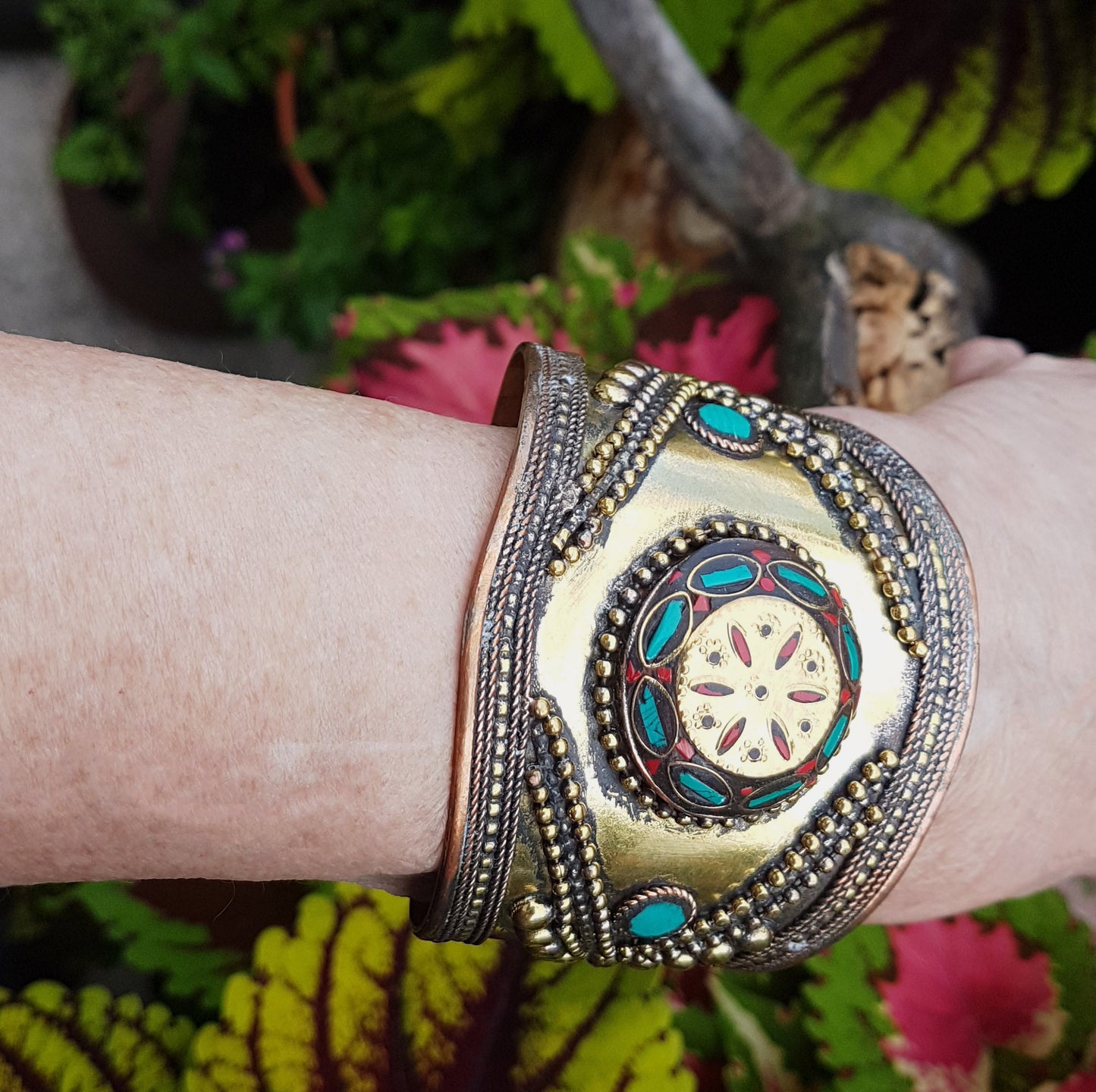 Vintage medieval style bronze cuff bracelet. Set with Tibetan turquoise & coral stones. Spectacular gender neutral golden tone armour cuff.