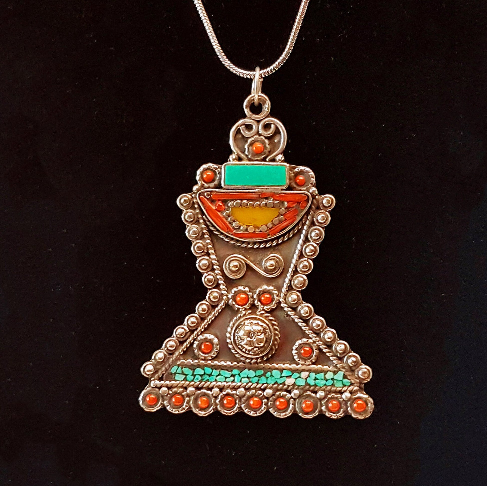 Tibetan silver pendant with turquoise & coral stones. One of a kind reversible design on a 24 inch silver chain. Traditional chorten shape. - Vintage India Ca