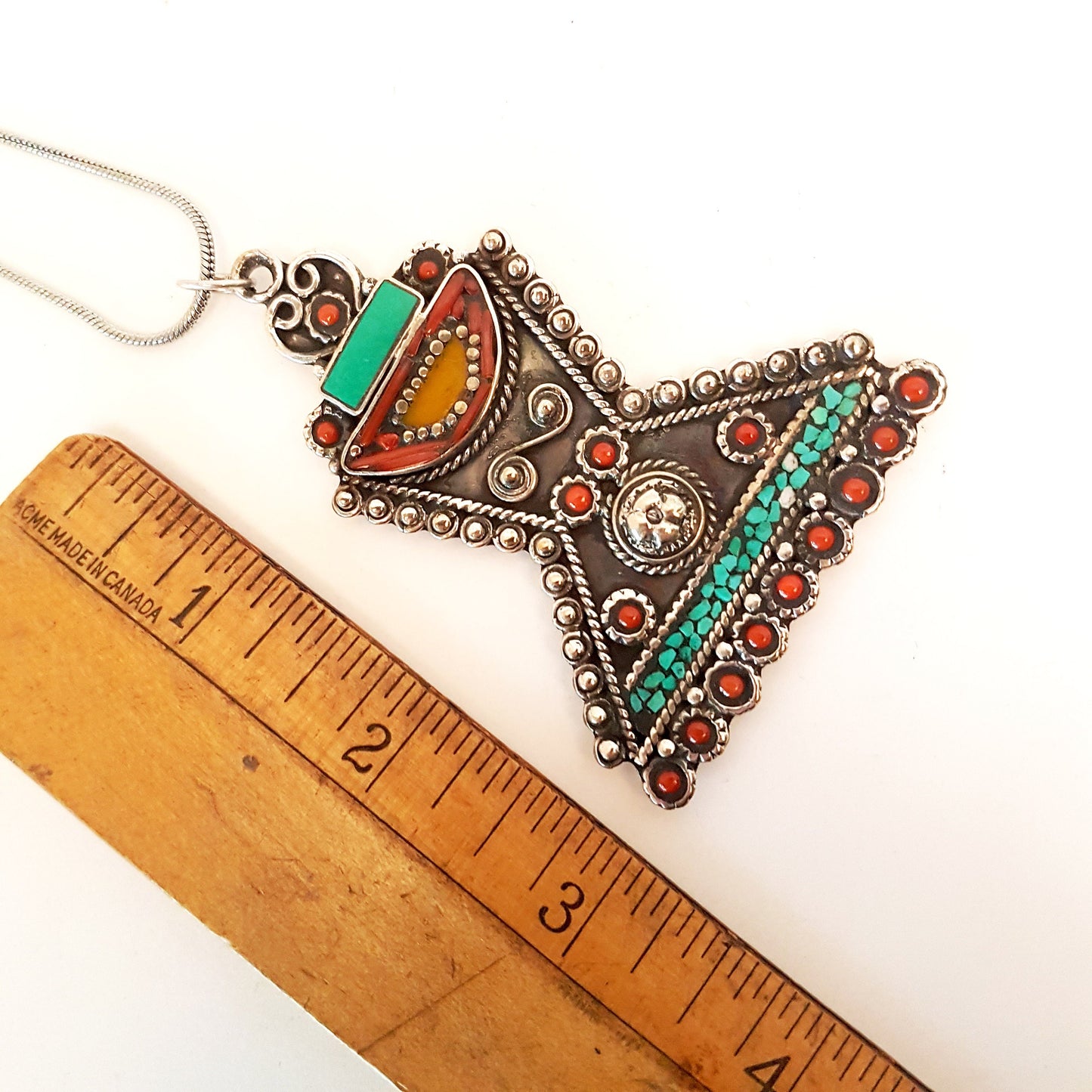 Tibetan silver pendant with turquoise & coral stones. One of a kind reversible design on a 24 inch silver chain. Traditional chorten shape. - Vintage India Ca