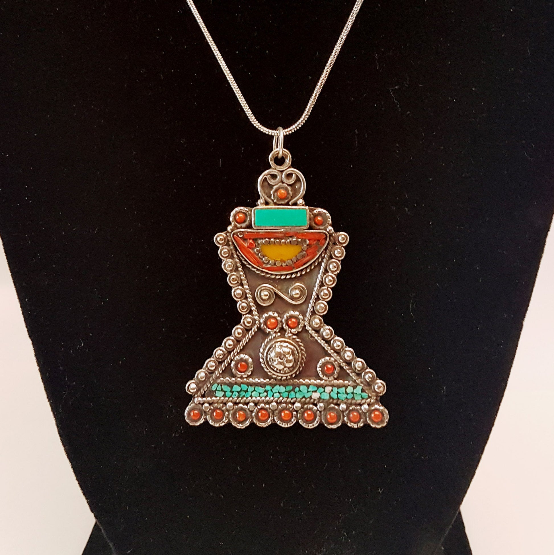 Tibetan silver pendant with turquoise & coral stones. One of a kind reversible design on a 24 inch silver chain. Traditional chorten shape. - Vintage India Ca