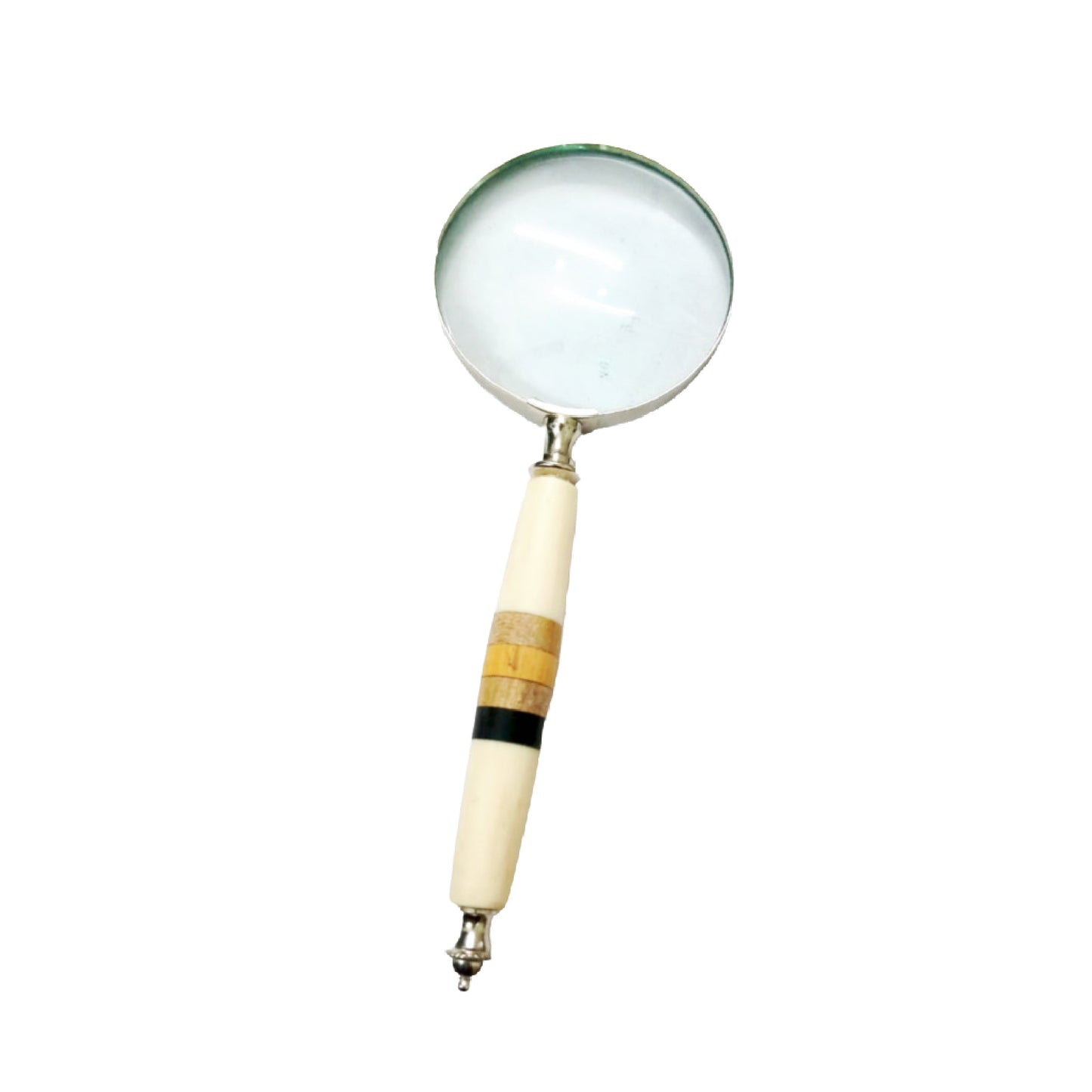 Magnifying glass hand lens in a vintage nautical style 10 inches long. 4 inch diameter lens with a marquetry design handle. Comes gift boxed
